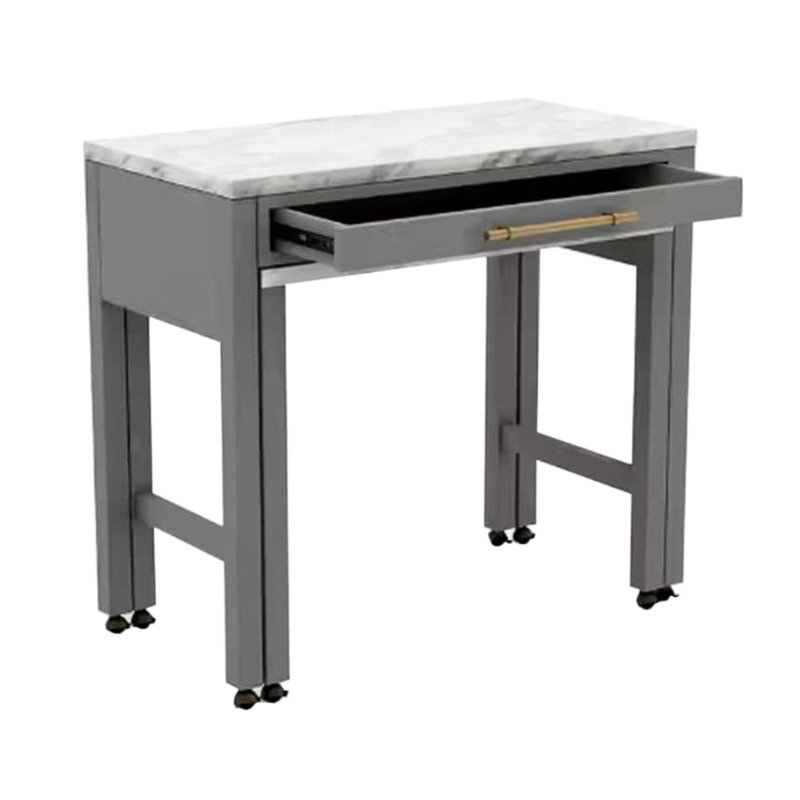 Ensemble de salle à manger rectangulaire de style comptoir avec dessus en faux marbre - Table, tiroir et 4 tabourets pour une ambiance chaleureuse et confortable (5 pièces).
