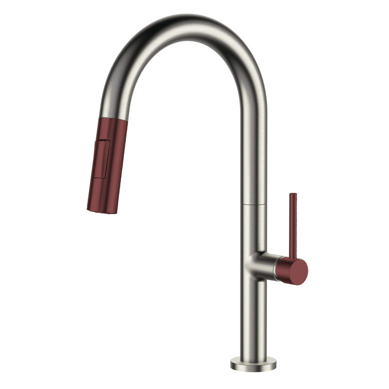 Robinet de cuisine rétractable à poignée simple avec accessoires, Nickel satiné / rouge