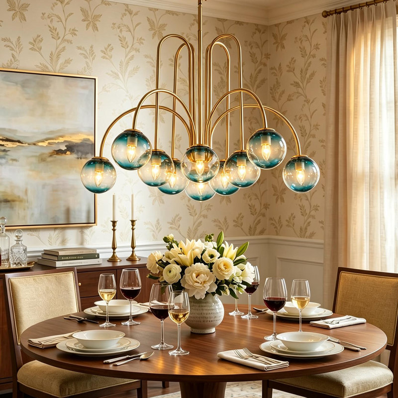 Lustre en verre spoutnik à 10 lumières pour salle à manger Bradrick, Bleu, Doré
