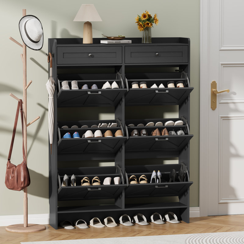 Shoe Cabinet with 6 Doors and 2 Drawers, 42.13" W Farmhouse Entryway Storage, Freestanding Tall Cabinet with Adjustable Shelves
