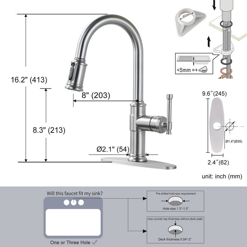 Single Handle Pull Down Sprayer Kitchen Faucet With 3-Spray Modes In Spot Free Stainless Steel, Brushed Nickel