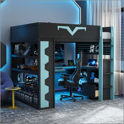 Gaming Loft Bed With Integrated Desk & RGB LED Lights, Pro-Gamer Bed With Power Outlet, Large Bookshelf, Pegboard, Keyboard Tray & Storage Drawer, 3 Colors Available