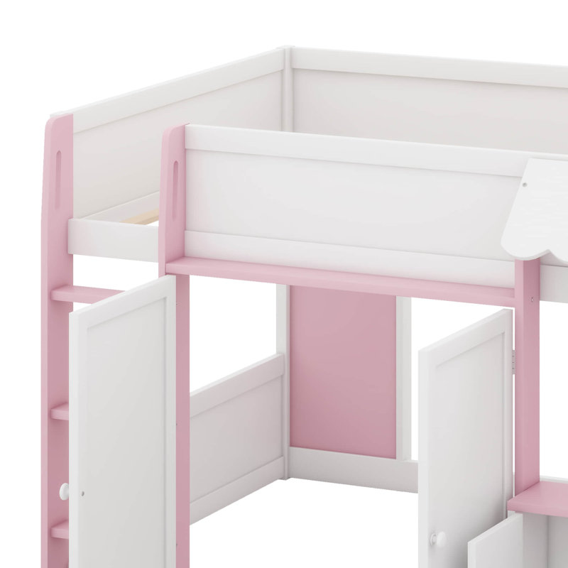 Lit mezzanine double avec toit festonné, rangement intégré et aire de jeu ouverte, conception à grande fenêtre et garde-corps