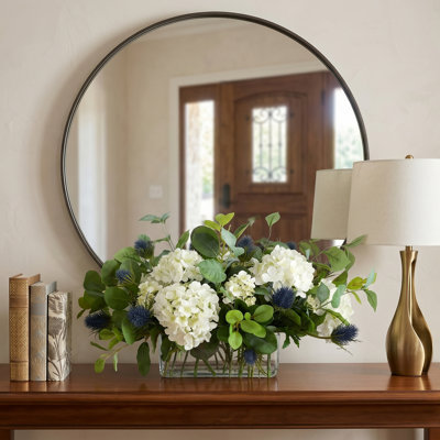 Hydrangea and Thistle Floral Arrangement in a Rectangular Glass Vase