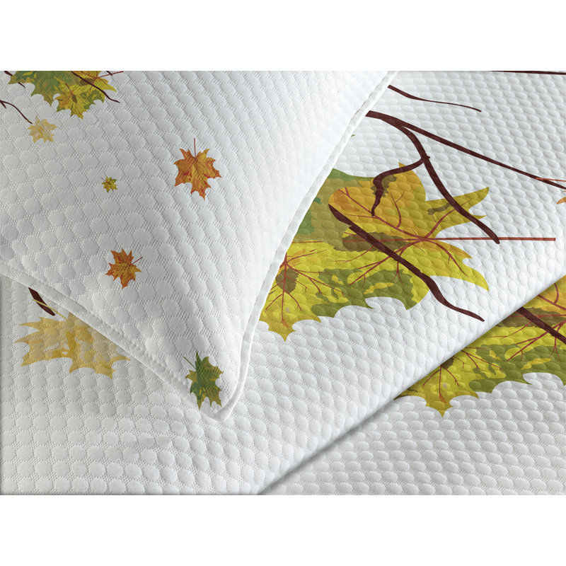 King White Quilted Bedspread Set with Autumn Leaves