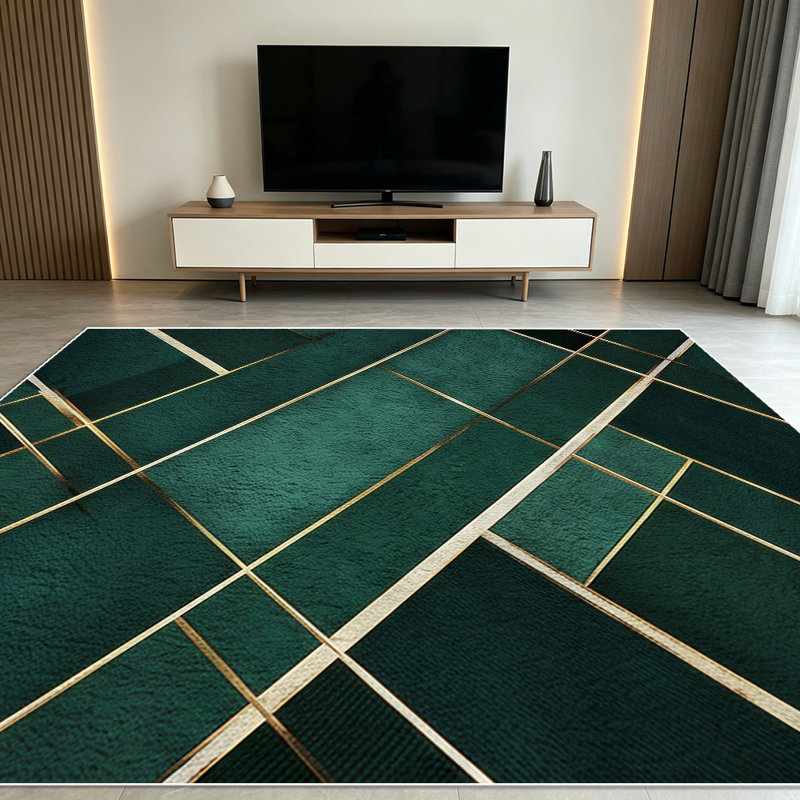1PC dark emerald green gold geometric rhombus pattern area rugs for Living Room, Soft and Comfortable, Suitable for all seasons, easy-to-maintain, machine washable Indoor floor mat, Under Table Farmhouse suitable for entryway, bedroom, dining room,