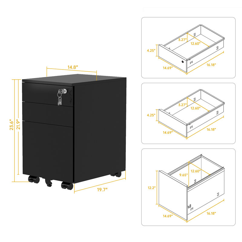 14.8 " Wide 3 Vertical Filing Cabinet, Black