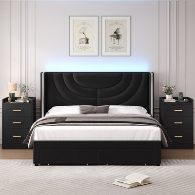 3-Piece Bedroom Set, Storage Bed with LED Light, 2 Nightstands with Charge Station