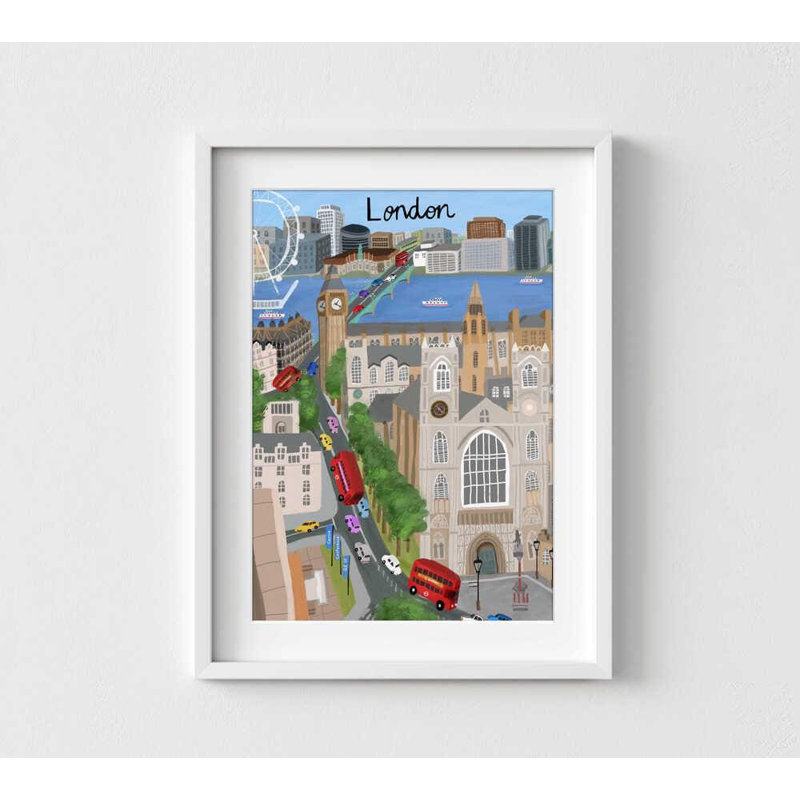 Illustration de Londres, art moderne de la ville et bus rouge, H 16 po x l 12 po, Impression encadrée avec passe-partout