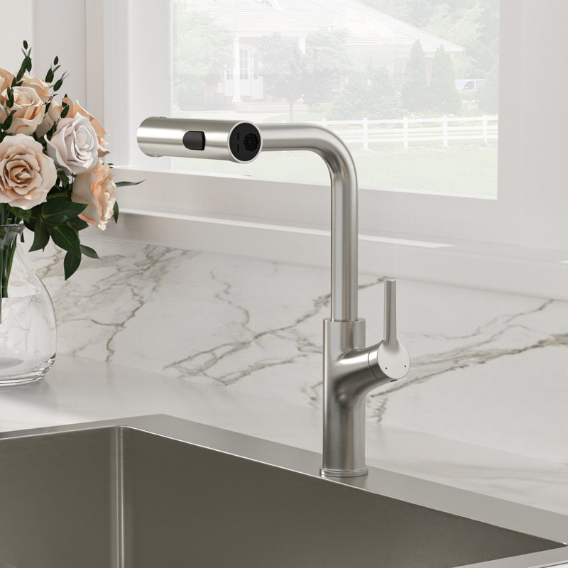 4-Modes Single Hole Single Handle Stainless Steel Kitchen Faucet With Pull -Out Sprayer, Brushed Nickel