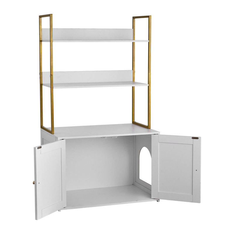 Enceinte de litière pour chat, armoire à litière cachée 27,6 po avec pieds en métal et tablettes de rangement à 2 niveaux, maison de chat imperméable pour chat, convenant à la plupart des bacs à litière, pour le salon
