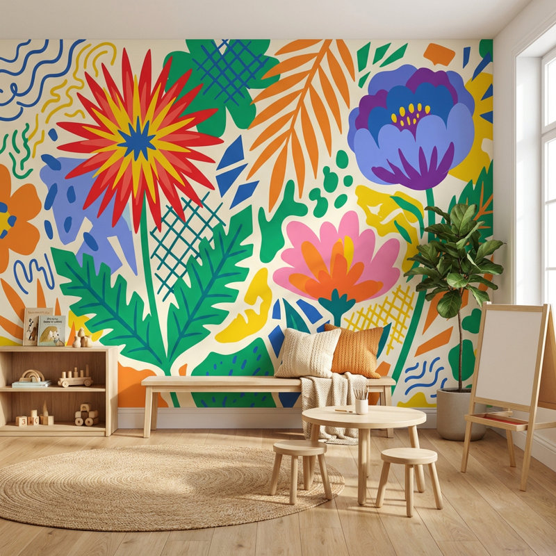 Papier peint floral abstrait décoratif mural vibrant, 120 po x 96 po, Non tissé non collé