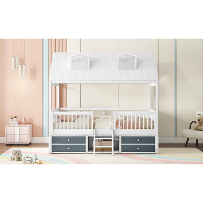 Full Size Wood House Bed With White Exterior, , Four Drawers And Shelf Storage For ' Bedtime Exploration Frame, Design, Skylights Shelves Escape