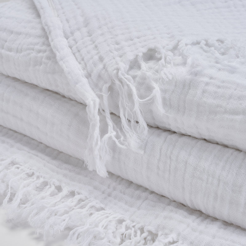 White Cotton Muslin Throw Blanket with Fringe Ends