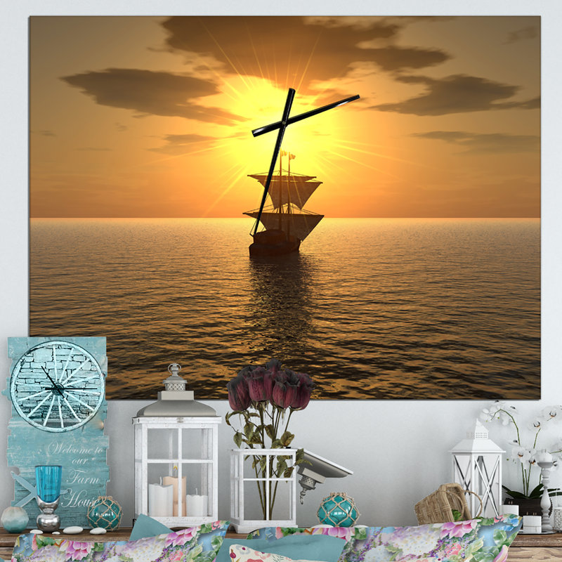 Ship and Sunset - Modern Wall Clock, Small