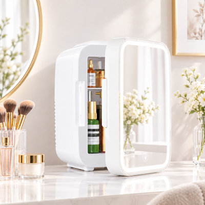 Réfrigérateur portatif Pearl White 4L pour soins de la peau avec miroir DEL à intensité variable et fonction froid/chaud pour les cosmétiques