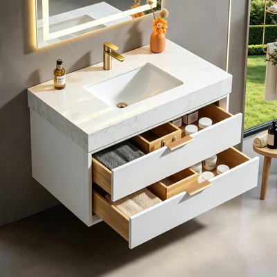 Meuble-lavabo mural moderne de 91 cm (36 po) avec comptoir en marbre, lavabo encastré en porcelaine, trop-plein et éclairage à détecteur de mouvement