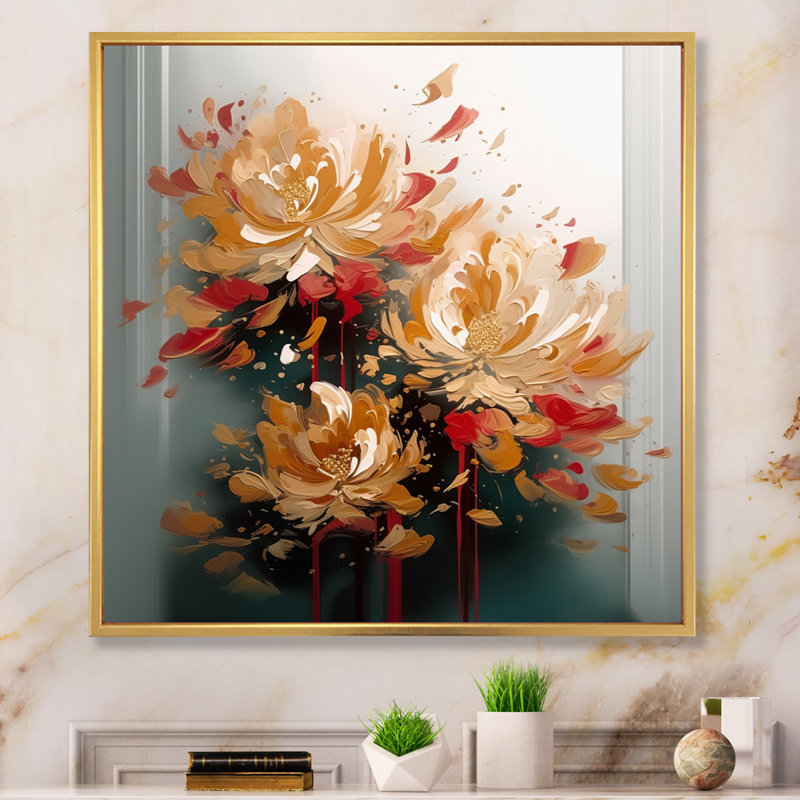 Rouven, fleur rouge doré I - impressions sur toile florales, H 16 po x l 16 po, Cadre flottant doré