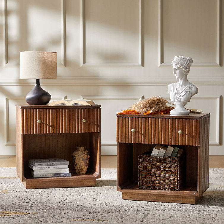 Hargis 24.25"H Modern Fully Assembled Flute Solid Wood Nightstand with Hidden Compartment and Built-In Outlet(Set of 2)