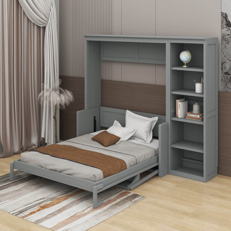 Lit escamotable double avec bureau et bibliothèque, gris, Double