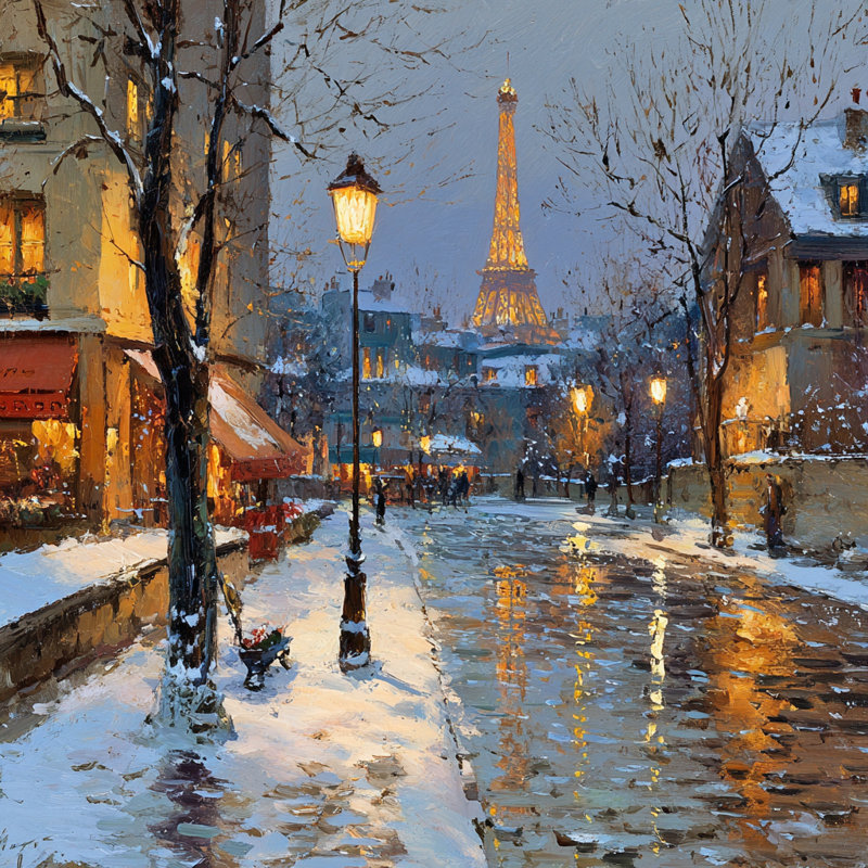 «Winter Stroll in Paris Lights», art mural sur toile tendue, H 20 po x l 20 po