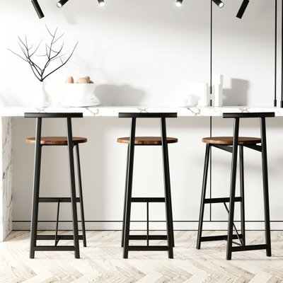 Of 3 , Counter Height. Walnut Brown Seat And Black Metal Frame. Ergonomic Back Support. Construction, 220lbs Load Capacity. Modern Look For Home Business. Easy Assembly Process 3 Bar Stool
