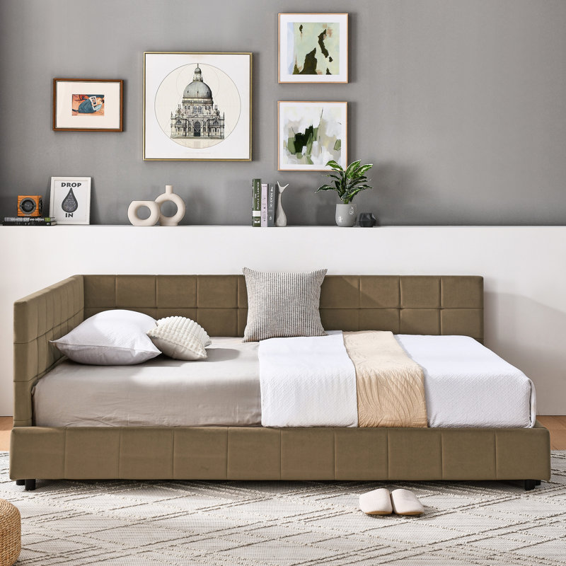 Lit double avec revêtement en velours et structure de style Mid-Century brun, accoudoirs, pour le salon de la chambre à coucher