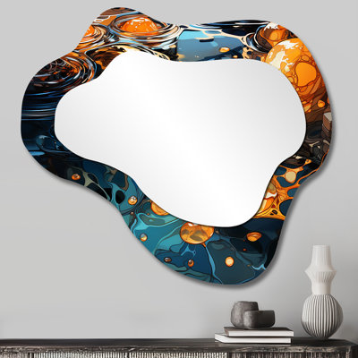 Orange et bleu rivière Serene Journey III - Grand miroir mural asymétrique moderne à encre liquide abstraite