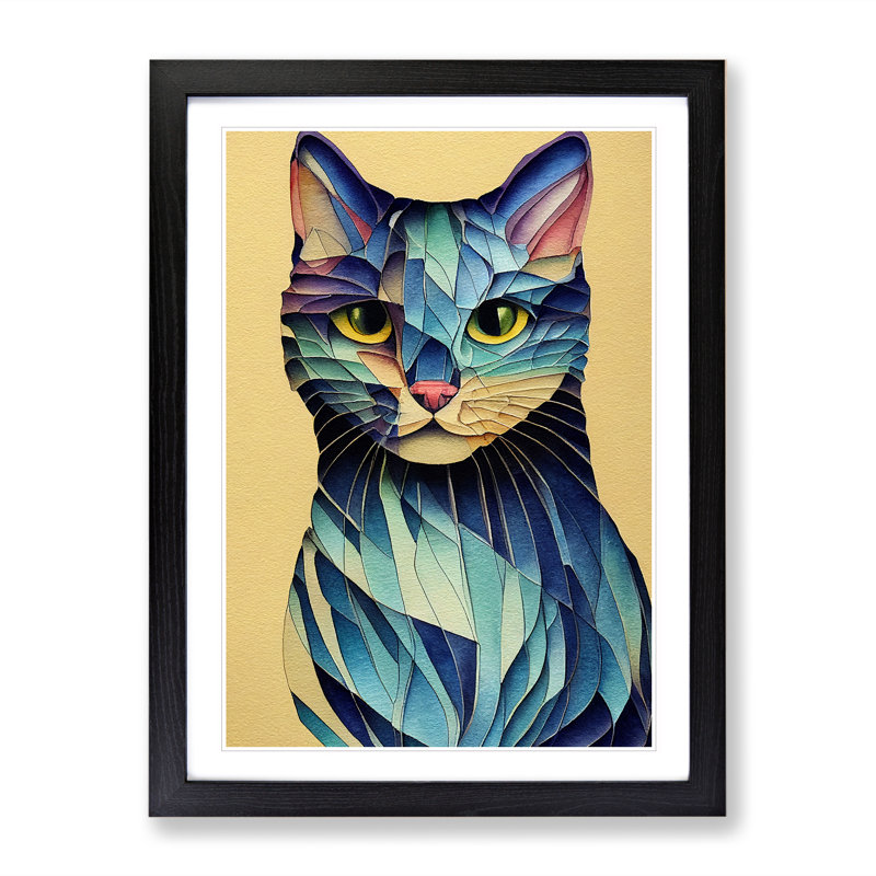 Colourful Cat No.3 Abstract - Wall Art, 66cm H x 48cm W x 2cm D, Black Framed, White