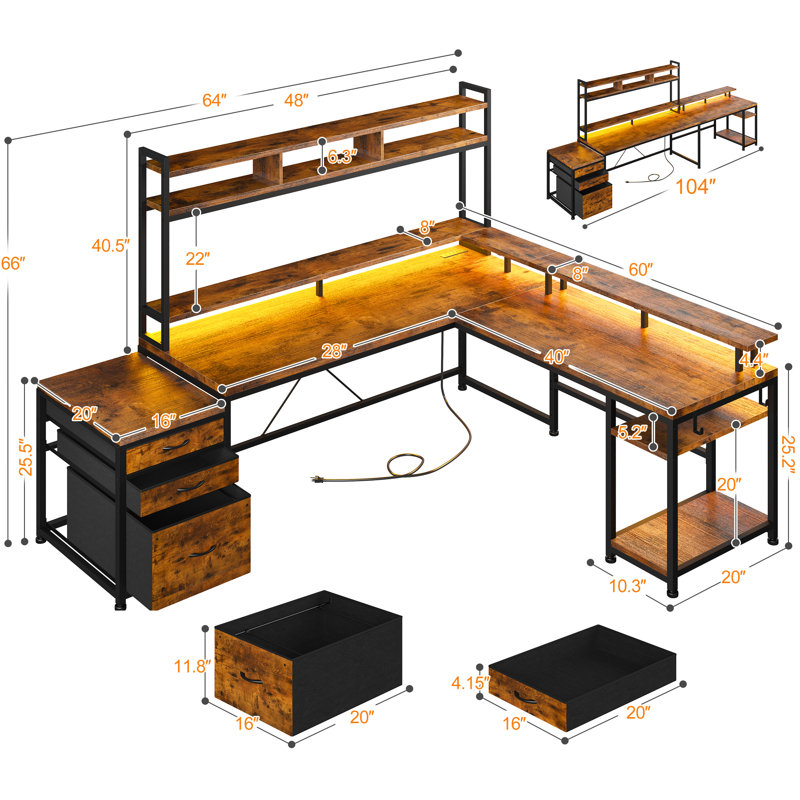 Mobean L-Shaped Metal Base Computer Desk with Power Outlet, Rustic Brown/Black
