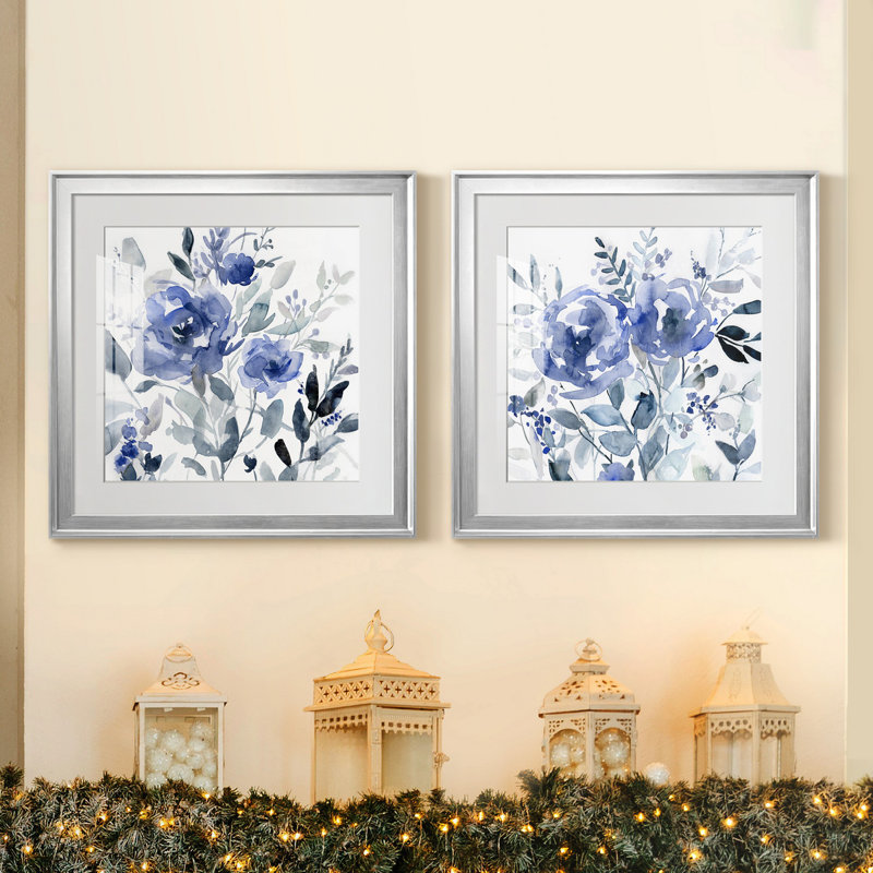 Painters Garden I - Ensemble de 2 reproductions d'art sur toiles, Blanc, Toile encadrée argentée