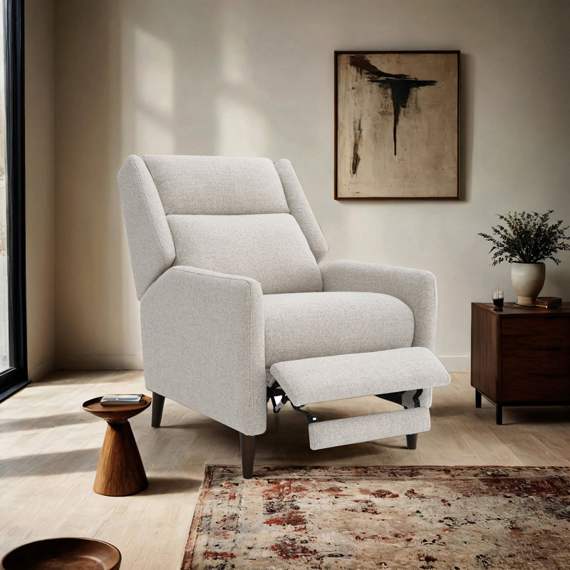 Pushback Manual Recliner Tapered Legs Linen Textured Fabric High Back Subtle Channel Detail Primary Living Room, Beige