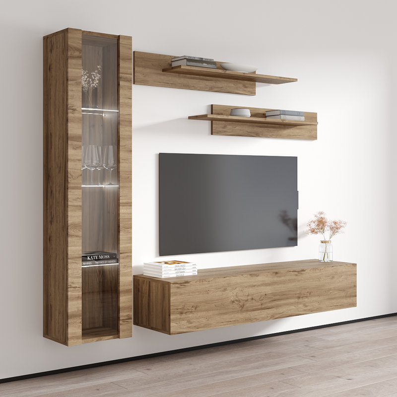 Wabasso 85" Modern Floating Wall Mounted Entertainment Center with 16-Color LED Lighting, High Gloss Finish, Oak