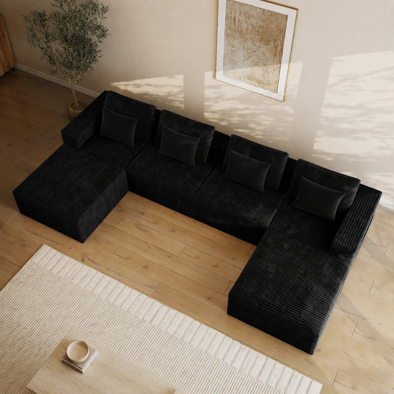 Canapé modulaire à compression en forme de U 141,7 po avec méridienne en velours côtelé noir Abdou