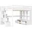 Lit mezzanine blanc avec bureau, tablettes, deux tiroirs et escalier de rangement polyvalent pleine grandeur