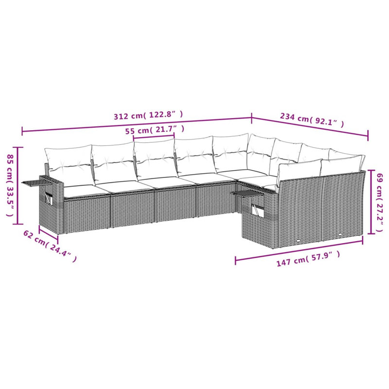 Ensemble de canapé de jardin en rotin PE gris Vidaxl, acier thermolaqué grand