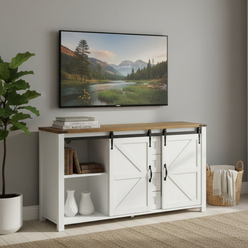 55.11" Sideboard with Storage, Farmhouse Storage Cabinet with Sliding Barn Doors, Wood Buffet Table with Power Outlet for Living Room