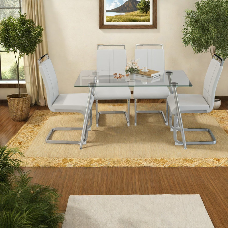 Ensemble de table de salle à manger moderne en verre avec pieds argentés pour la cuisine à domicile