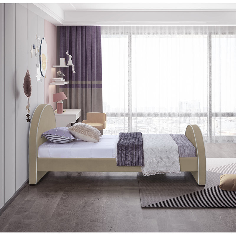 Hilbrand Upholstered Unfinished Panel Bed, Twin, Beige Velvet