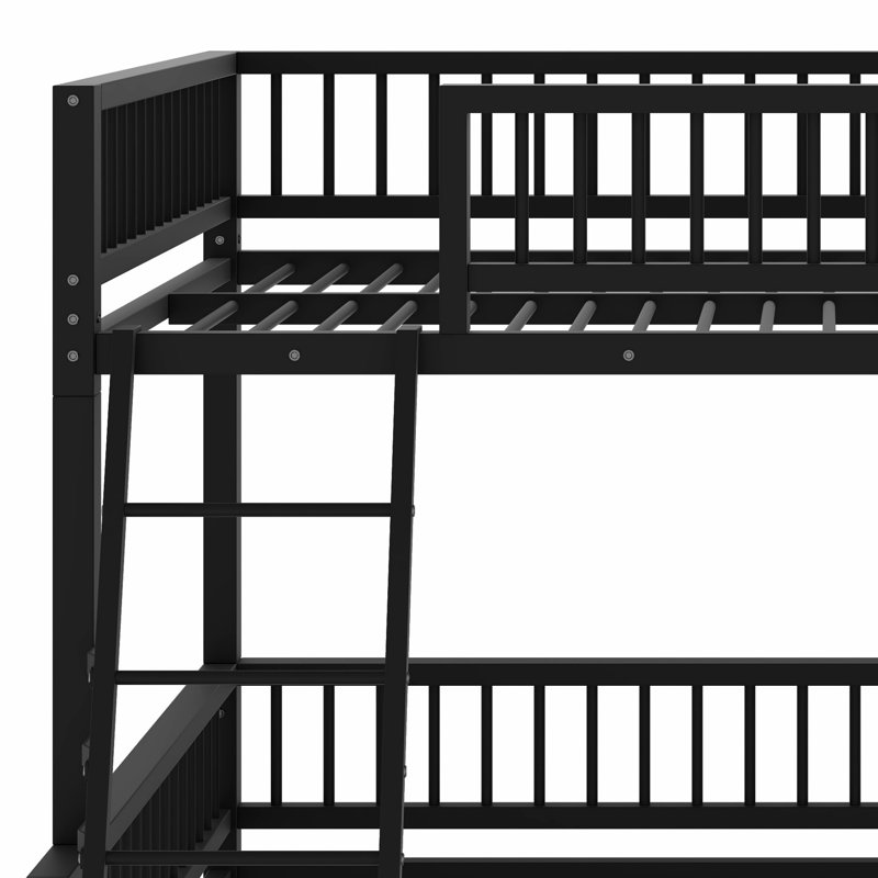Floor Bunk Bed Frame With Ladder And Safety Guardrails, Black