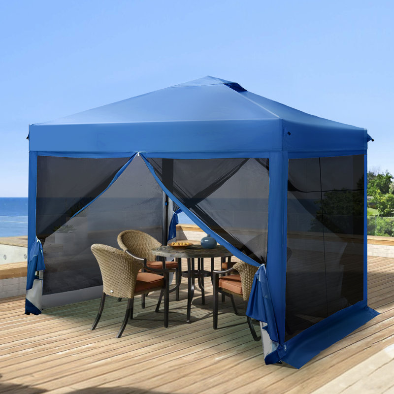 Tabbetha L 10 pi. D Auvent escamotable en acier avec filet amovible, Bleu