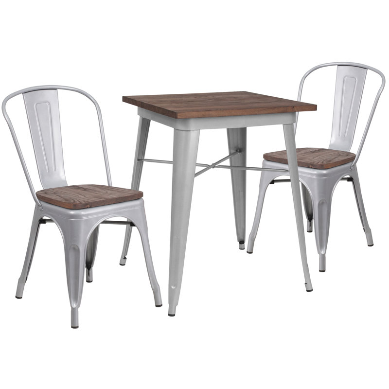 Malave 23.5" Square Metal Table Set with Wood Top and 2 Stack Chairs, Silver