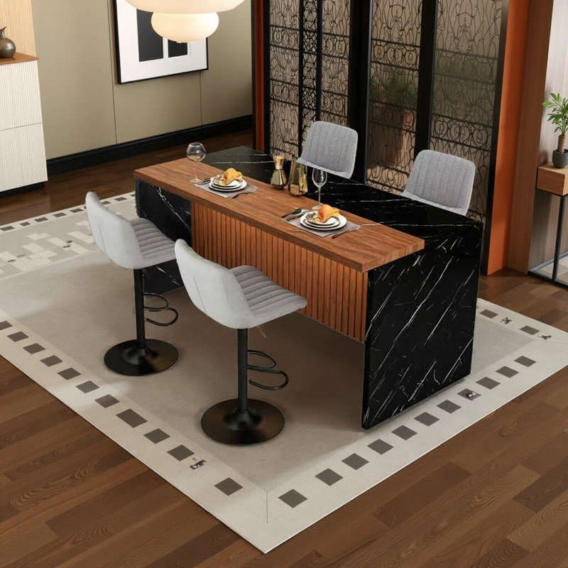 Ensemble d'îlot de cuisine 63 pouces avec 4 tabourets de bar - surface d'aspect marbre avec éclairage DEL, Table, 4 chaises