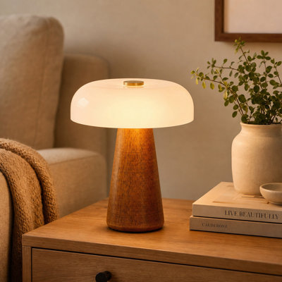 Lampe de table champignon moderne à 2 lumières, style milieu du siècle, avec abat-jour en verre opalin et bois brun, pour chambre à coucher