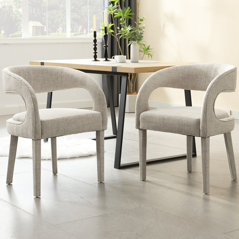 Beige Linen Upholstered Arm Chairs with Wood Legs, Set of 2