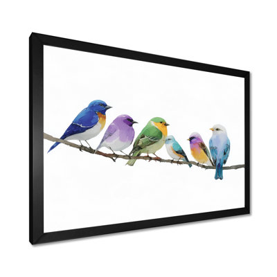 «Colorful Lovebirds Singing On A Branch», reproduction d'art sur toile mauve