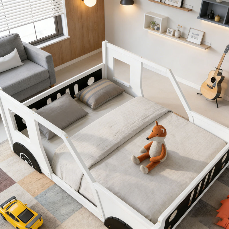 Lit plateforme classique avec roulettes en forme de voiture, Blanc, Lit double