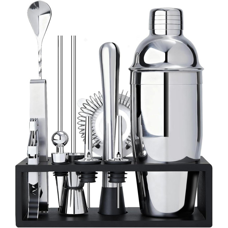 Ensemble d'outils de bar 13 pièces en acier inoxydable avec support en bambou - Ensemble complet de barman pour la maison, la cuisine et les cadeaux