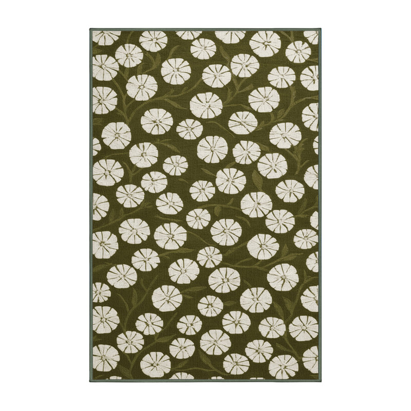 Machine Washable Botanical Green Area Rug, Rectangle 5' x 7'