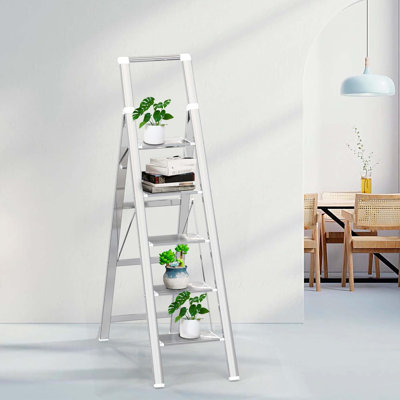 5-Step Folding Ladder With Anti-Slip Wide Pedal - Sturdy Steel Frame, Space-Saving Design For Home, Kitchen, And Office Use
